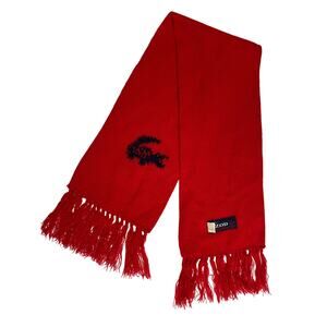 Vintage Izod Lacoste Fringed Scarf – Red with Blue Alligator Logo – 36" x 7"